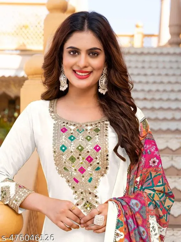 White_Unstitched_Suit_With_Stitched_Chinon_Sharara_And_Chinon_Dupatta_For_Women
