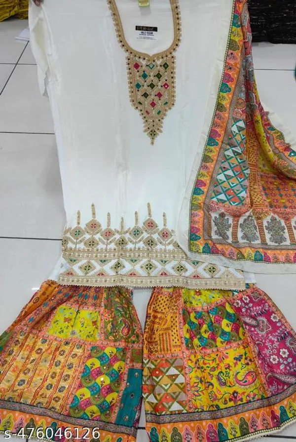 White_Unstitched_Suit_With_Stitched_Chinon_Sharara_And_Chinon_Dupatta_For_Women