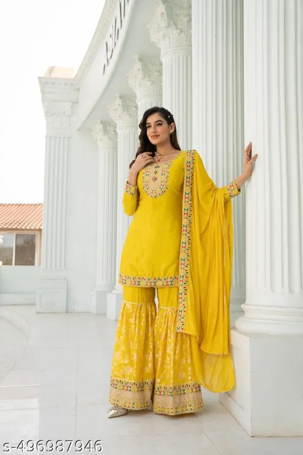 Yellow_Chinon_Fabrics_Unstitched_Suit_With_Stitched_Chinon_Gharara_And_Chinon_Dupatta_For_Women