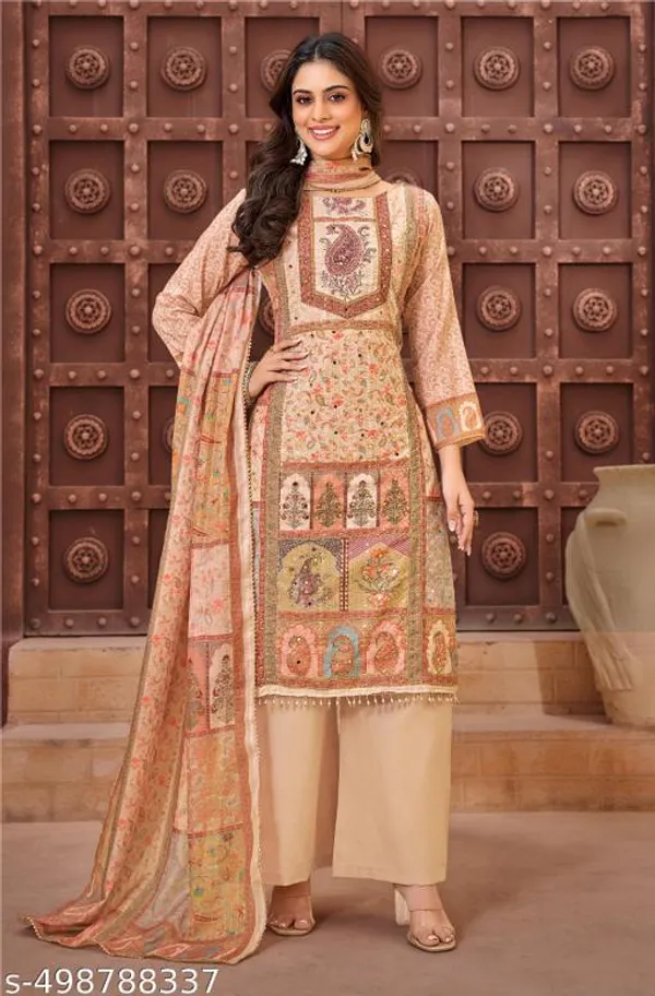 Beige_Chinon_Fabrics_Unstitched_Suit_With_Stitched_Chinon_Gharara_And_Chinon_Dupatta_For_Women