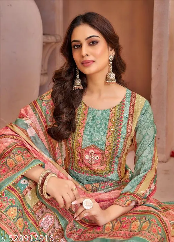 Multicolor_Muslin_Fabric_Unstitched_Suit_With_Muslin_Dupatta_And_Indo_Bottom_For_Women