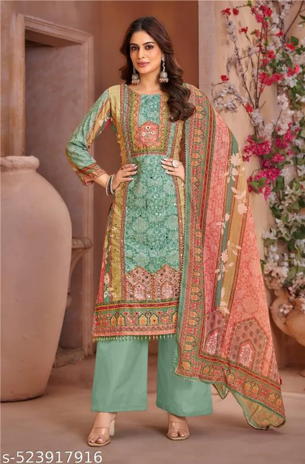 Multicolor_Muslin_Fabric_Unstitched_Suit_With_Muslin_Dupatta_And_Indo_Bottom_For_Women