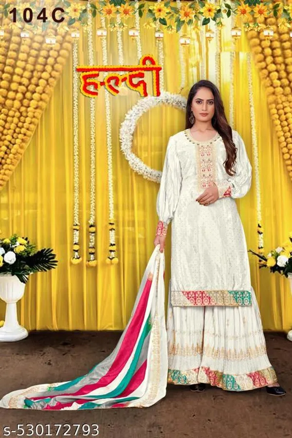 White_Unstitched_Suit_With_Stitched_Chinon_Sharara_And_Chinon_Dupatta_For_Women