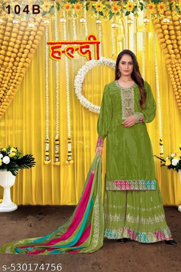 Green_Unstitched_Suit_With_Stitched_Chinon_Sharara_And_Chinon_Dupatta_For_Women