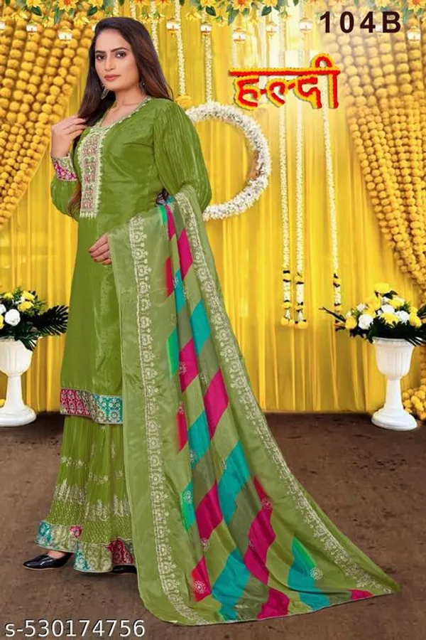 Green_Unstitched_Suit_With_Stitched_Chinon_Sharara_And_Chinon_Dupatta_For_Women