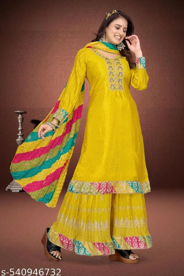 Yellow_Chinon_Fabrics_Unstitched_Suit_With_Stitched_Chinon_Gharara_And_Chinon_Dupatta_For_Women