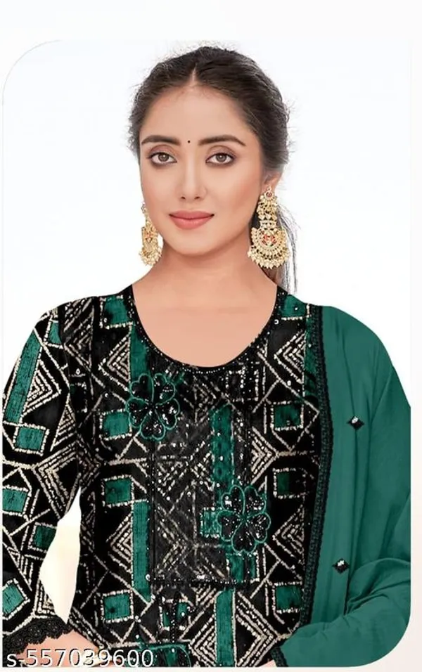 Green_And_Black_Muslin_Fabric_Unstitched_Suit_With_Muslin_Dupatta_And_Rayon_Bottom_For_Women