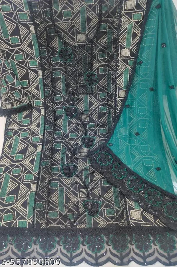 Green_And_Black_Muslin_Fabric_Unstitched_Suit_With_Muslin_Dupatta_And_Rayon_Bottom_For_Women