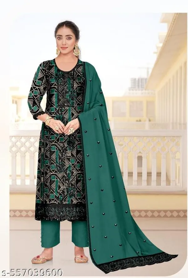Green_And_Black_Muslin_Fabric_Unstitched_Suit_With_Muslin_Dupatta_And_Rayon_Bottom_For_Women