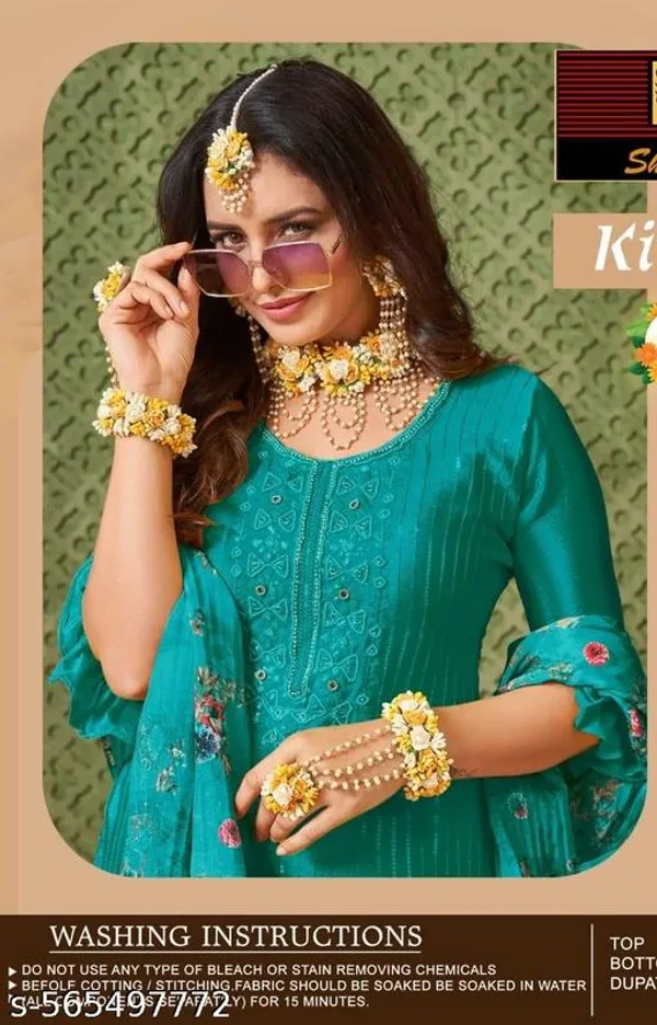 Blue_Chinon_Fabrics_Unstitched_Suit_With_Stitched_Chinon_Gharara_And_Chinon_Dupatta_For_Women