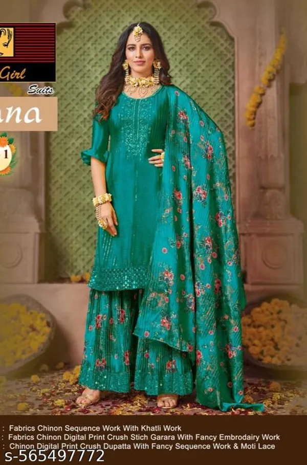 Blue_Chinon_Fabrics_Unstitched_Suit_With_Stitched_Chinon_Gharara_And_Chinon_Dupatta_For_Women