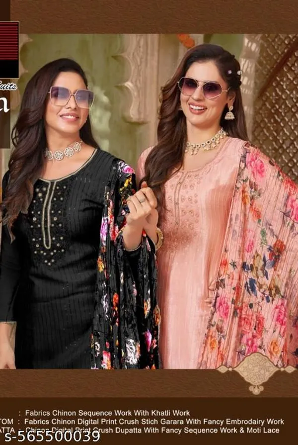 Black_Chinon_Fabrics_Unstitched_Suit_With_Stitched_Chinon_Gharara_And_Chinon_Dupatta_For_Women