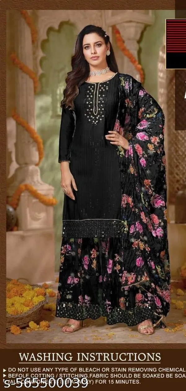 Black_Chinon_Fabrics_Unstitched_Suit_With_Stitched_Chinon_Gharara_And_Chinon_Dupatta_For_Women
