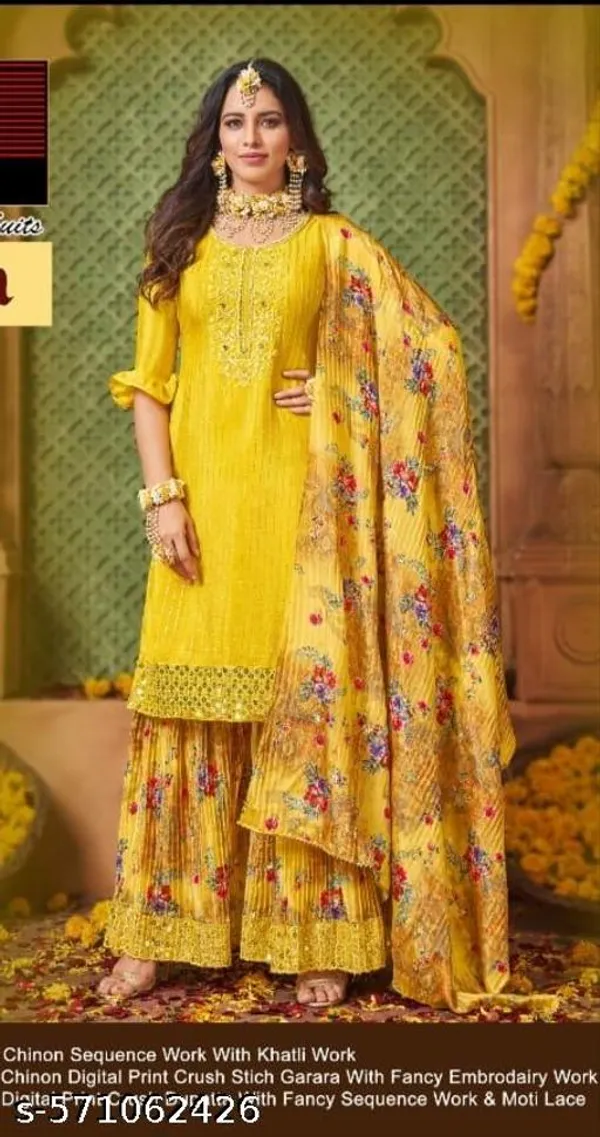 Yellow_Chinon_Fabrics_Unstitched_Suit_With_Stitched_Chinon_Gharara_And_Chinon_Dupatta_For_Women