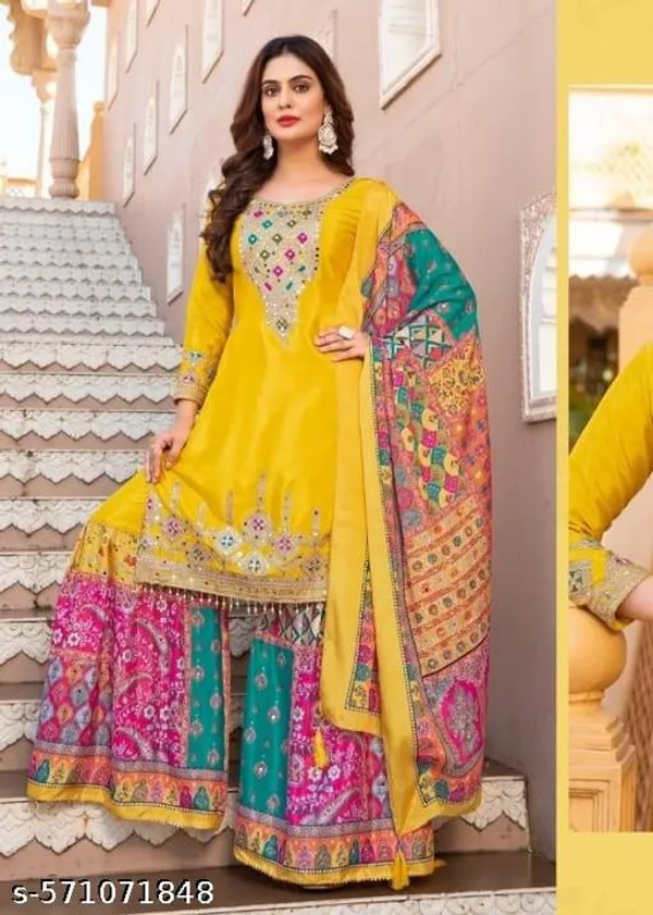 Yellow_Chinon_Fabrics_Unstitched_Suit_With_Stitched_Chinon_Gharara_And_Chinon_Dupatta_For_Women