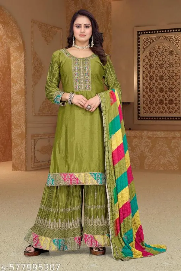 Multicolor_Chinon_Fabrics_Unstitched_Suit_With_Stitched_Chinon_Gharara_And_Chinon_Dupatta_For_Women