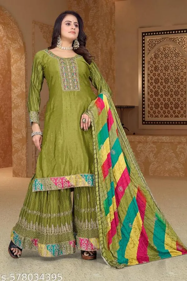 Green_Chinon_Fabrics_Unstitched_Suit_With_Stitched_Chinon_Gharara_And_Chinon_Dupatta_For_Women