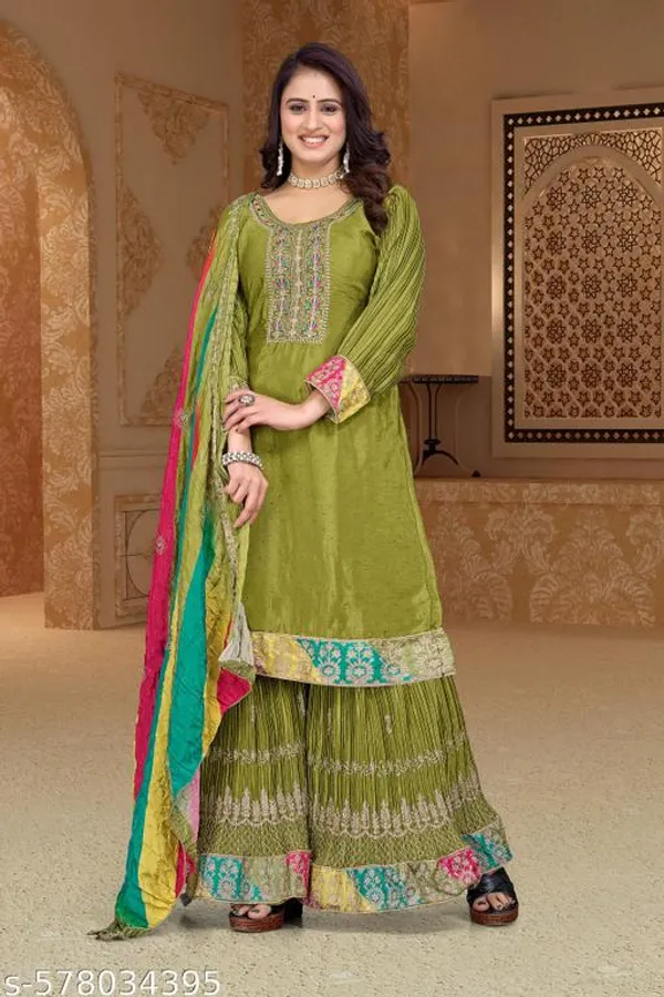 Green_Chinon_Fabrics_Unstitched_Suit_With_Stitched_Chinon_Gharara_And_Chinon_Dupatta_For_Women