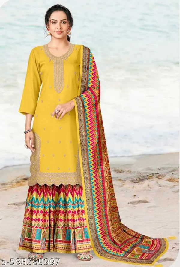 Yellow_Chinon_Fabrics_Unstitched_Suit_With_Stitched_Chinon_Gharara_And_Chinon_Dupatta_For_Women