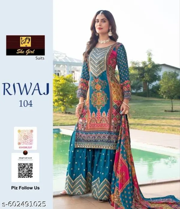 Multicolor_Chinon_Fabrics_Unstitched_Suit_With_Stitched_Chinon_Gharara_And_Chinon_Dupatta_For_Women