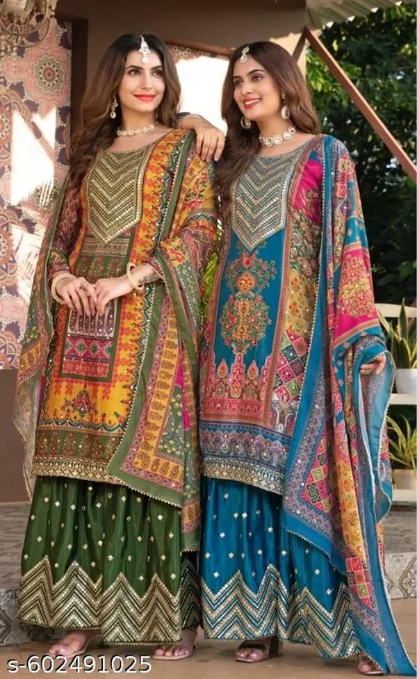 Multicolor_Chinon_Fabrics_Unstitched_Suit_With_Stitched_Chinon_Gharara_And_Chinon_Dupatta_For_Women
