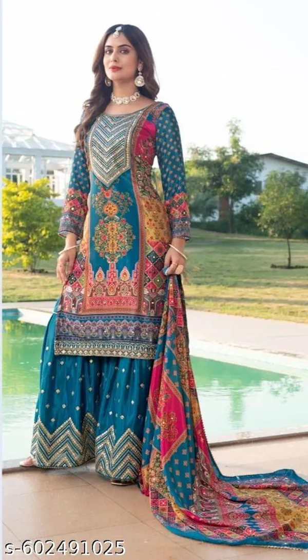 Multicolor_Chinon_Fabrics_Unstitched_Suit_With_Stitched_Chinon_Gharara_And_Chinon_Dupatta_For_Women