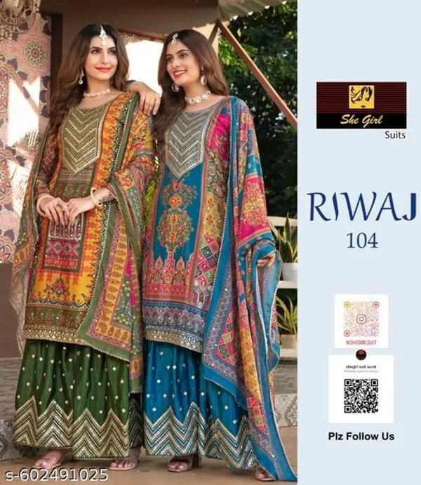 Multicolor_Chinon_Fabrics_Unstitched_Suit_With_Stitched_Chinon_Gharara_And_Chinon_Dupatta_For_Women