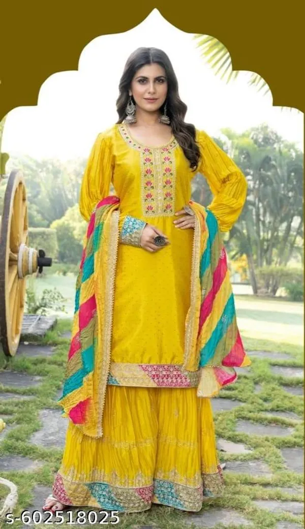 Yellow_Chinon_Fabrics_Unstitched_Suit_With_Stitched_Chinon_Gharara_And_Chinon_Dupatta_For_Women