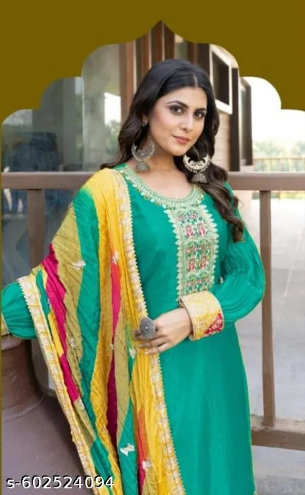 Green_Chinon_Fabrics_Unstitched_Suit_With_Stitched_Chinon_Gharara_And_Chinon_Dupatta_For_Women