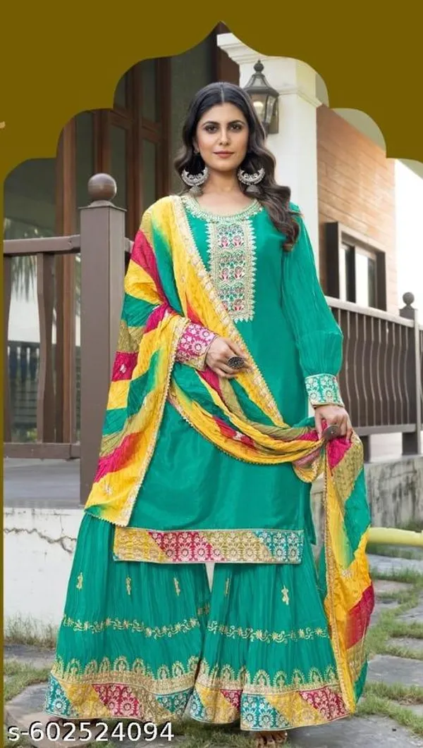 Green_Chinon_Fabrics_Unstitched_Suit_With_Stitched_Chinon_Gharara_And_Chinon_Dupatta_For_Women