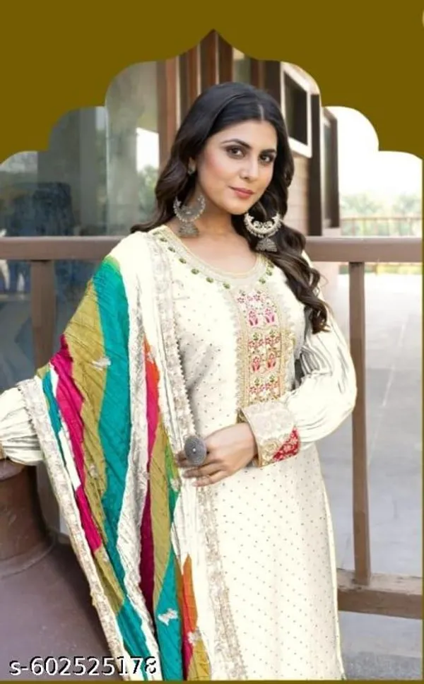 Cream_Chinon_Fabrics_Unstitched_Suit_With_Stitched_Chinon_Gharara_And_Chinon_Dupatta_For_Women