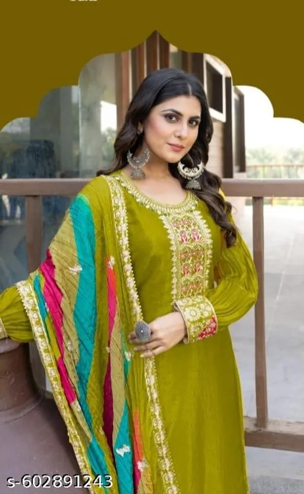 Mehndi_Chinon_Fabrics_Unstitched_Suit_With_Stitched_Chinon_Gharara_And_Chinon_Dupatta_For_Women