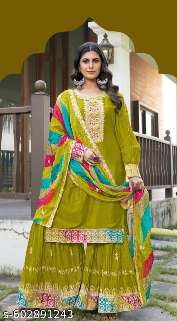 Mehndi_Chinon_Fabrics_Unstitched_Suit_With_Stitched_Chinon_Gharara_And_Chinon_Dupatta_For_Women