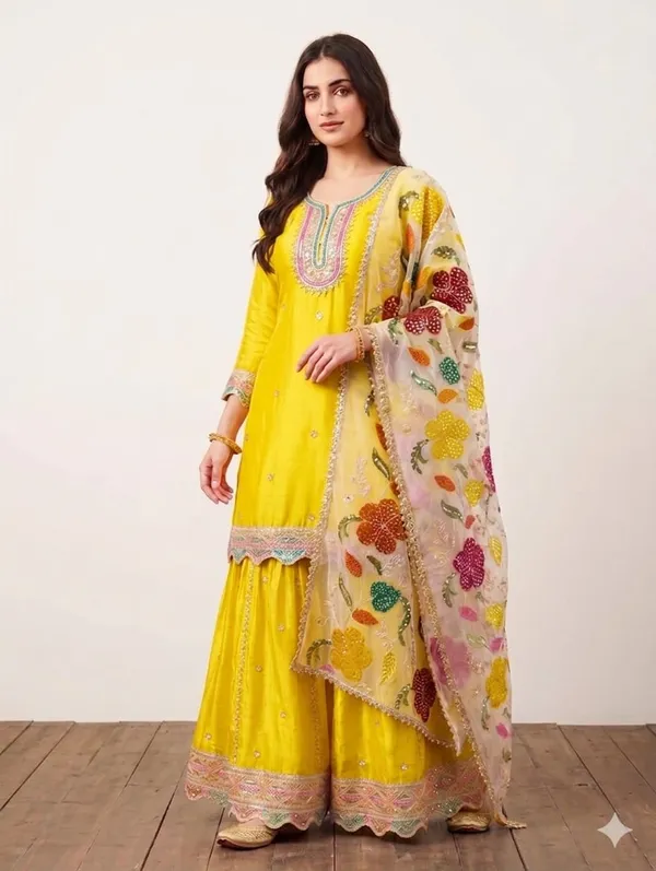 She_Girl_Women's_Chinon_Fabric_Semi_Stiched_Suit_With_Chinon_Garara_And_Organza_Brushprint_Dupatta