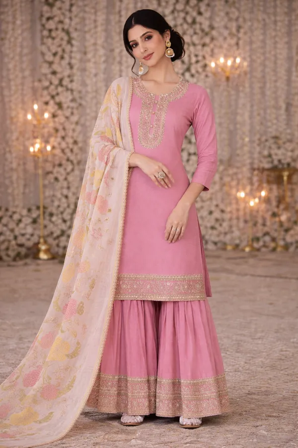 She_Girl's_H.O_Fabric_Semi_Stiched_Suit_With_Sharara_And_Brushprint_Dupatta