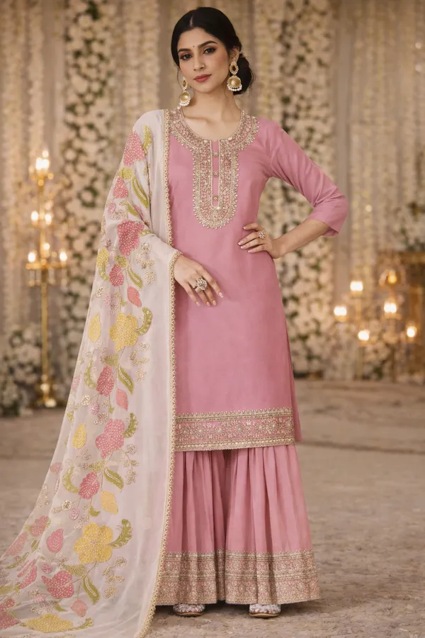 She_Girl's_H.O_Fabric_Semi_Stiched_Suit_With_Sharara_And_Brushprint_Dupatta