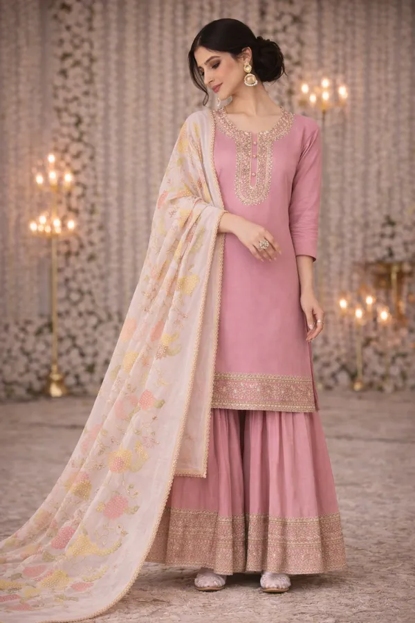 She_Girl's_H.O_Fabric_Semi_Stiched_Suit_With_Sharara_And_Brushprint_Dupatta