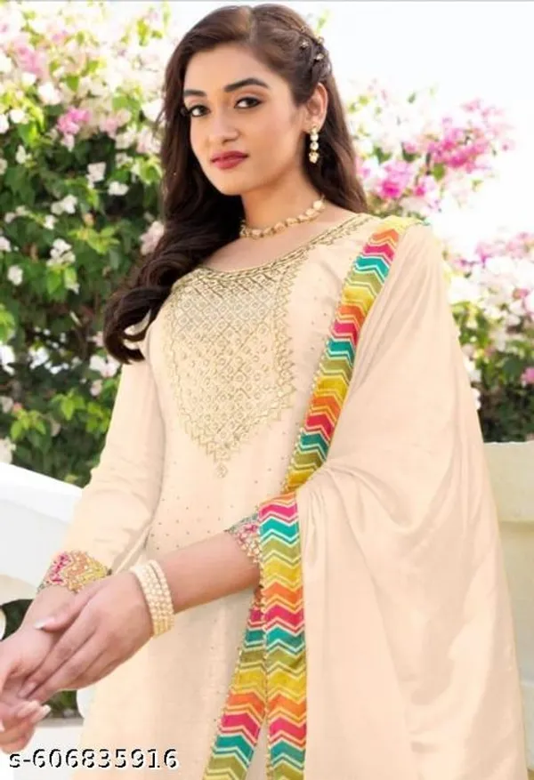 Cream_Chinon_Fabrics_Unstitched_Suit_With_Stitched_Chinon_Gharara_And_Chinon_Dupatta_For_Women