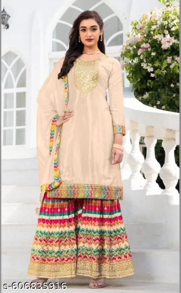 Cream_Chinon_Fabrics_Unstitched_Suit_With_Stitched_Chinon_Gharara_And_Chinon_Dupatta_For_Women