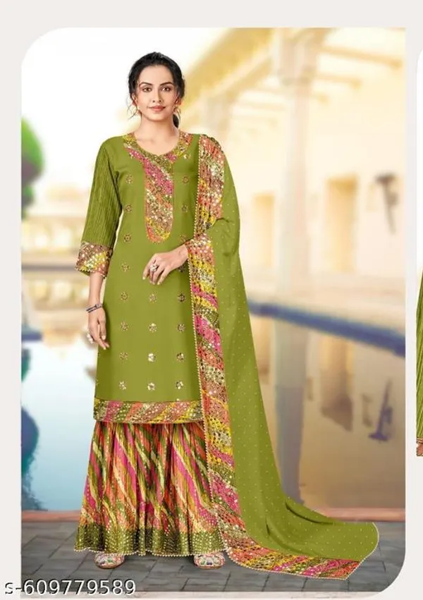 Green_Chinon_Fabrics_Unstitched_Suit_With_Stitched_Chinon_Gharara_And_Chinon_Dupatta_For_Women