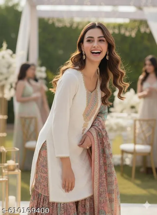 White_Chinon_Fabrics_Unstitched_Suit_With_Stitched_Chinon_Gharara_And_Chinon_Dupatta_For_Women
