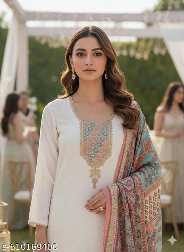 White_Chinon_Fabrics_Unstitched_Suit_With_Stitched_Chinon_Gharara_And_Chinon_Dupatta_For_Women