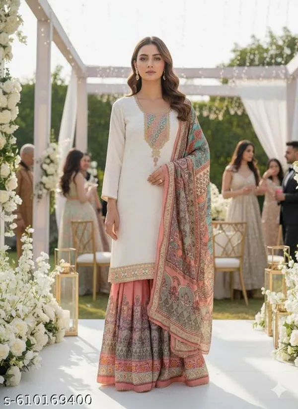 White_Chinon_Fabrics_Unstitched_Suit_With_Stitched_Chinon_Gharara_And_Chinon_Dupatta_For_Women