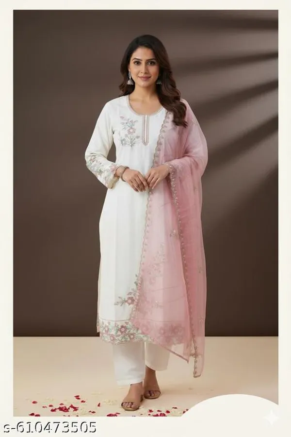 White_Muslin_Fabric_Unstitched_Suit_With_Organza_Dupatta_And_Rayon_Bottom_For_Women