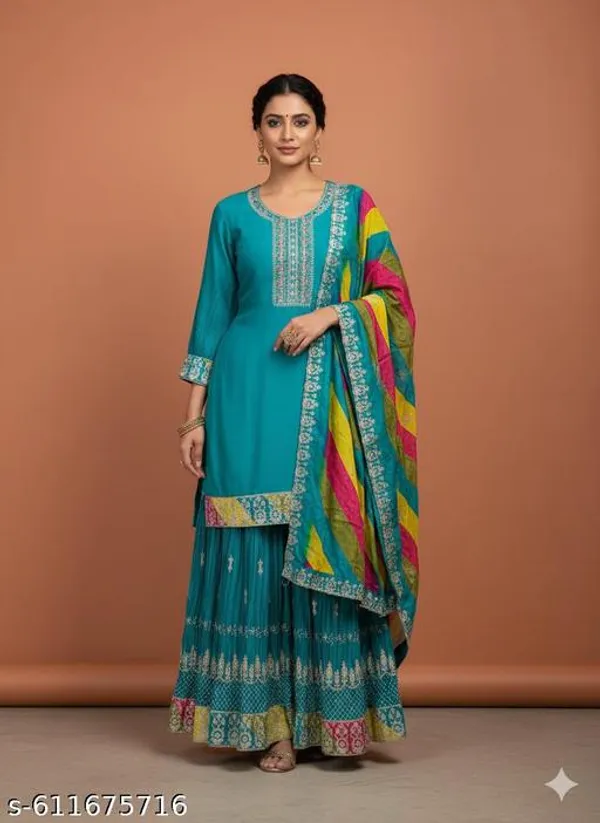 Blue_Chinon_Fabric_Unstitched_Suit_With_Stitched_Chinon_Gharara_And_Chinon_Dupatta_For_Women