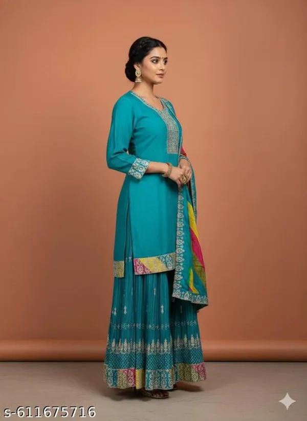 Blue_Chinon_Fabric_Unstitched_Suit_With_Stitched_Chinon_Gharara_And_Chinon_Dupatta_For_Women