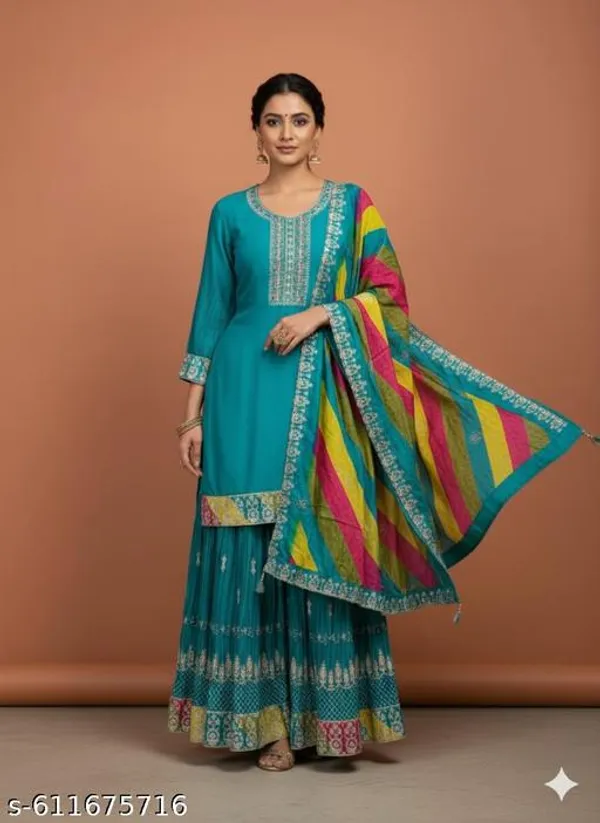 Blue_Chinon_Fabric_Unstitched_Suit_With_Stitched_Chinon_Gharara_And_Chinon_Dupatta_For_Women