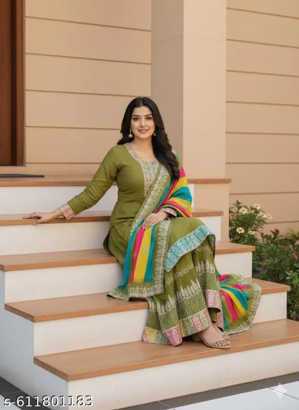 Green_Chinon_Fabric_Unstitched_Suit_With_Stitched_Chinon_Gharara_And_Chinon_Dupatta_For_Women