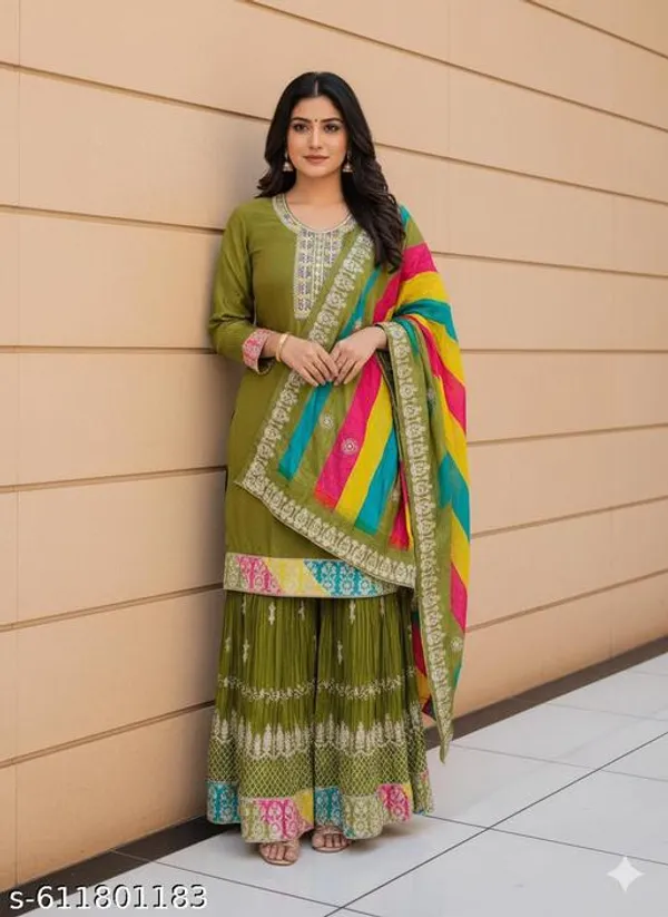 Green_Chinon_Fabric_Unstitched_Suit_With_Stitched_Chinon_Gharara_And_Chinon_Dupatta_For_Women