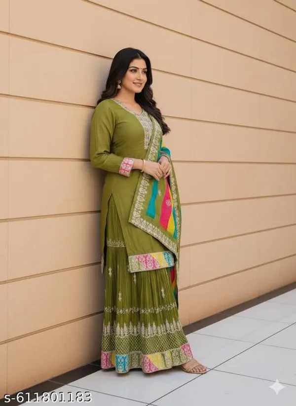 Green_Chinon_Fabric_Unstitched_Suit_With_Stitched_Chinon_Gharara_And_Chinon_Dupatta_For_Women